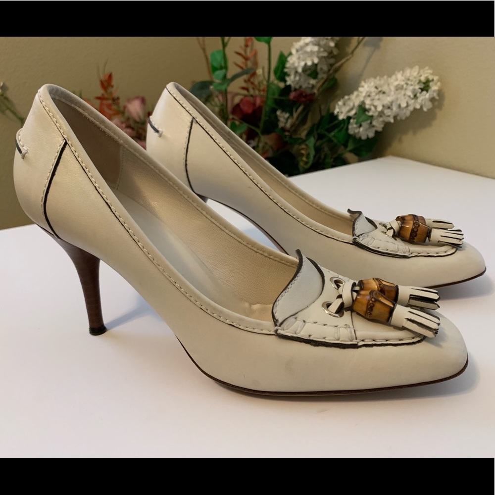 Gucci Ivory Leather Loafer Heels with Tassels